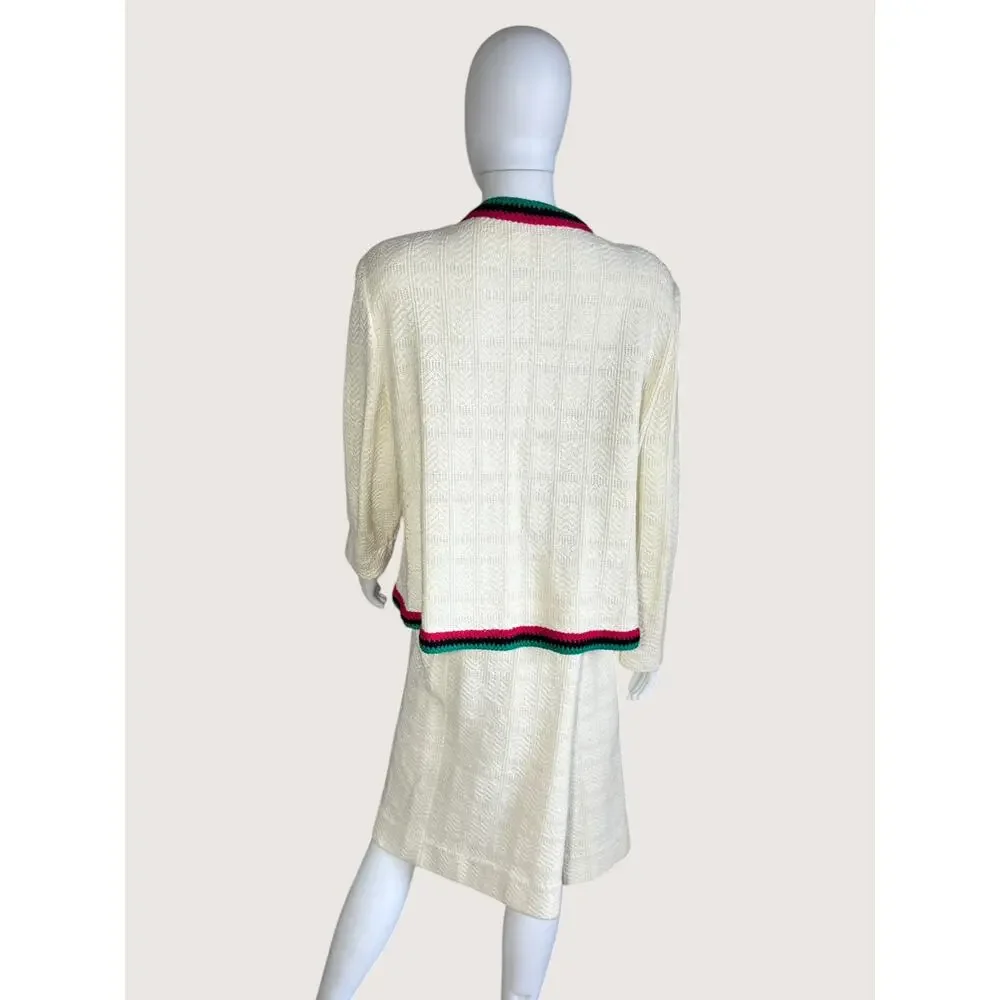 Vintage Ivory Textured Knit Jacket & Skirt Suit Set